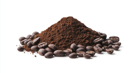 Isolated coffee powder pile with a clipping path and coffee beans on the ground on a white background.