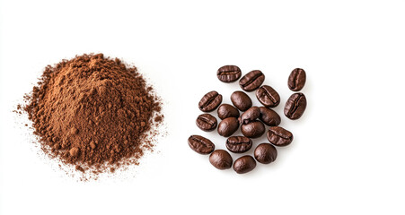 Isolated coffee powder pile with a clipping path and coffee beans on the ground on a white background.