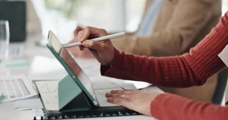 Poster - Business woman, tablet and hands with pen for writing minutes summary, strategy discussion and agenda. Female employee, tech and meeting notes in office with team planning, brainstorming and schedule