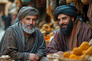 Sticker - A group of men in traditional robes and turbans discussing in a marketplace in a Middle Eastern city, representing daily life and social interaction.