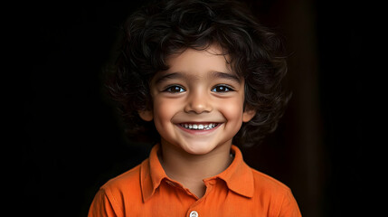 Wall Mural - A smiling young child with curly hair wearing an orange shirt against a dark background.