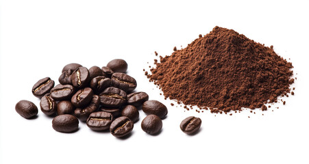 Isolated coffee powder pile with a clipping path and coffee beans on the ground on a white background.