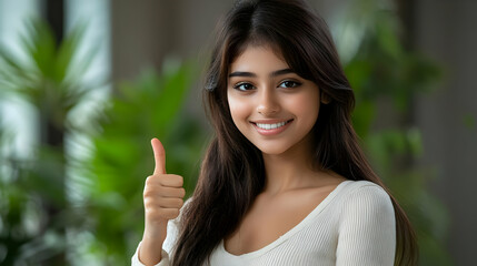 Canvas Print - A smiling young woman giving a thumbs-up in a green environment.