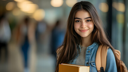 Wall Mural - A smiling young woman holding books in a bright academic environment.