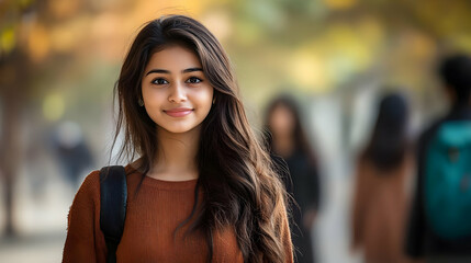 Poster - A smiling young woman stands in a blurred outdoor setting, surrounded by autumn foliage.