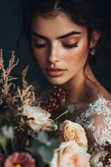 Wall Mural - Freckled bride holding a bouquet of flowers with her eyes shut