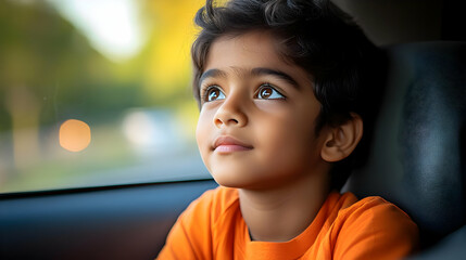 Canvas Print - A young boy gazes thoughtfully out of a car window, lost in his thoughts.