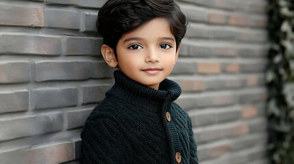 Wall Mural - A young boy poses against a textured wall, showcasing a stylish sweater and gentle expression.