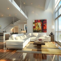 Wall Mural - interior modern house, white kitchen and living room, nobody inside