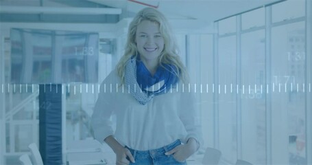 Poster - Animation of financial data processing over caucasian businesswoman in office