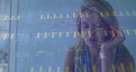 Poster - Animation of financial data processing over caucasian businesswoman in office