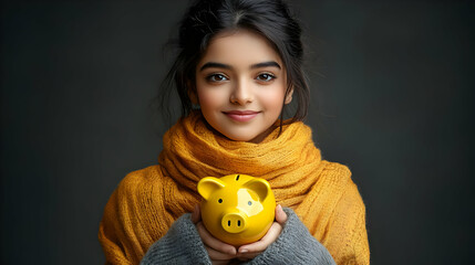 A young girl in a cozy sweater holds a yellow piggy bank, symbolizing savings and financial literacy.