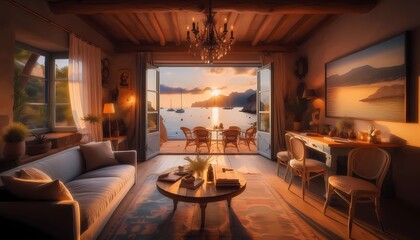 Wall Mural - luxury hotel room, view towards the sea of ​​the interior of a Provence-style studio, sunset Created with A.I. generative.