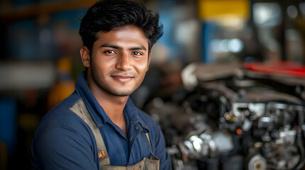 Poster - A young mechanic smiles while working in an automotive workshop.