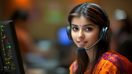 Poster - A young woman in a headset, smiling at a computer, engaged in communication work.