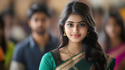 Poster - A young woman in traditional attire smiles warmly in a vibrant crowd.