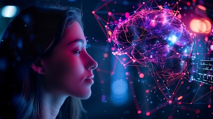 profile view of a woman's face looking at purple brain hologram - generative ai
