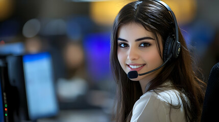 Poster - A young woman wearing a headset smiles while working at a computer in a busy environment.