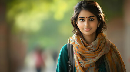 Canvas Print - A young woman with a scarf smiles warmly in a blurred outdoor setting.