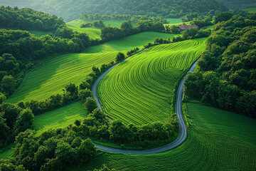 Poster - Drone perspective of a serene countryside with patchwork fields and winding roads, depicting the beauty of rural landscapes. Concept of pastoral charm and land patterns.