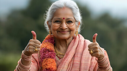 An elderly woman smiling and giving thumbs up, showcasing joy and positivity.