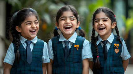 Wall Mural - Three smiling children in school uniforms, enjoying a joyful moment together.