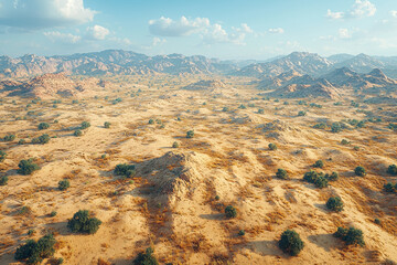 Wall Mural - Aerial view of a sprawling desert landscape with intricate patterns of sand dunes and sparse vegetation. Concept of arid environments and natural formations.