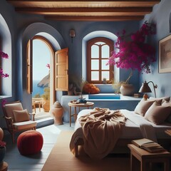 Wall Mural - Luxurious interior of a house on Greta Island, blue stucco wall, Mediterranean style, bed with duvet, purple bougainvillea tree framing rustic wooden window created with generative AI.