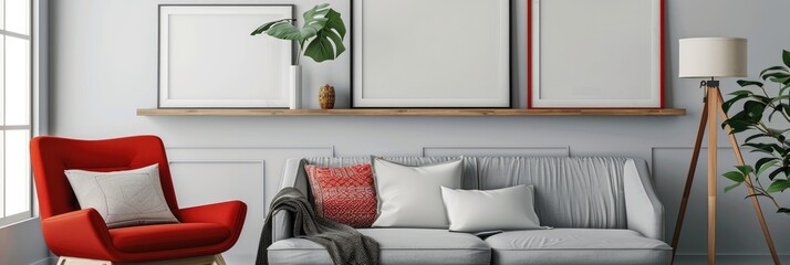 Wall Mural - Empty photo frames displayed on a wooden shelf in a neat living space, featuring a throw pillow on a red chair and a grey sofa, with a lamp positioned in the corner.