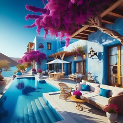 luxurious pool terrace of a house on Greta Island, blue stucco wall, Mediterranean style, purple bougainvillea tree frame the rustic wooden window, created with A.I. generative.