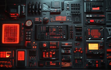 Poster - Intricate network intrusion toolkit with detailed gadgets, including signal jammers, data extractors, and digital decryption devices