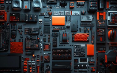 Poster - Intricate network intrusion toolkit with detailed gadgets, including signal jammers, data extractors, and digital decryption devices