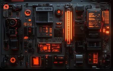 Poster - Intricate network intrusion toolkit with detailed gadgets, including signal jammers, data extractors, and digital decryption devices