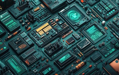 Poster - Intricate network intrusion toolkit with detailed gadgets, including signal jammers, data extractors, and digital decryption devices