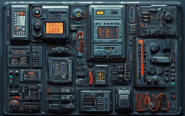 Poster - Intricate network intrusion toolkit with detailed gadgets, including signal jammers, data extractors, and digital decryption devices