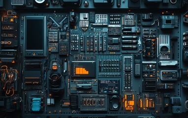 Leinwandbilder - Intricate network intrusion toolkit with detailed gadgets, including signal jammers, data extractors, and digital decryption devices