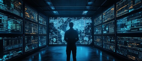 Poster - Advanced information security simulation with interactive digital environments, featuring data protection strategies, threat detection systems, and secure infrastructure