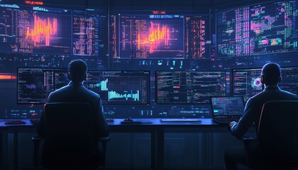 Aufkleber - Advanced information security operations center with hightech monitoring screens, encrypted data streams, and security analysts at work