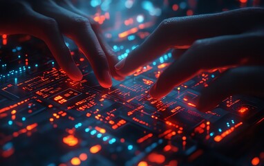 Aufkleber - Closeup of a hacker s hands manipulating advanced network hacking tools, with glowing code, encrypted data, and a dark, digital backdrop