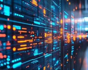 Poster - Closeup of a secure data center with stateoftheart cybersecurity systems, featuring encrypted servers, firewalls, and digital security measures