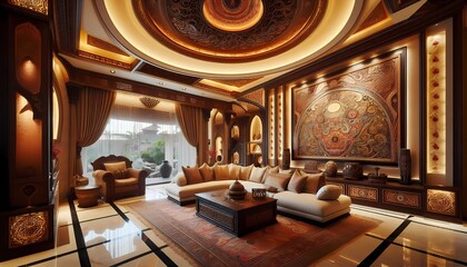 Wall Mural - interior of luxurious ethnic style house, terrace, view of the sunset forest, created with A.I. generative.