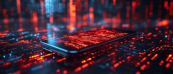Poster - Cybersecurity breach with stolen data files being accessed on a sleek device, set against a backdrop of encrypted digital codes and dark technology
