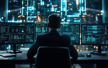 Leinwandbilder - Cybersecurity expert working at a hightech console with multiple screens displaying realtime security threats, data encryption, and digital defenses