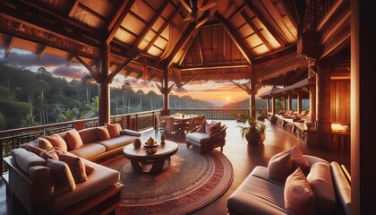 Wall Mural - interior of luxurious ethnic style house, terrace, view of the sunset forest, created with A.I. generative.