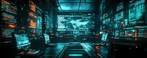 Poster - Futuristic cybercrime scene with stolen data being transferred through hightech devices, surrounded by glowing screens and digital security breaches