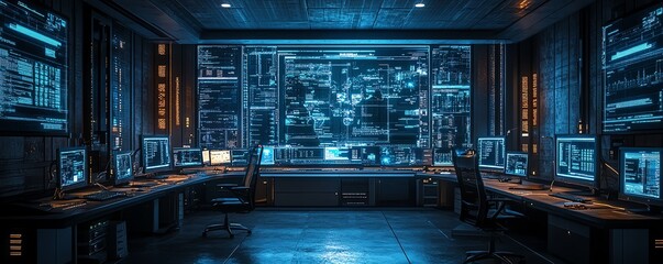 Poster - Futuristic information security lab with sophisticated technology, including intrusion detection systems, realtime threat monitoring, and secure workstations