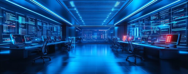 Poster - Futuristic information security lab with sophisticated technology, including intrusion detection systems, realtime threat monitoring, and secure workstations