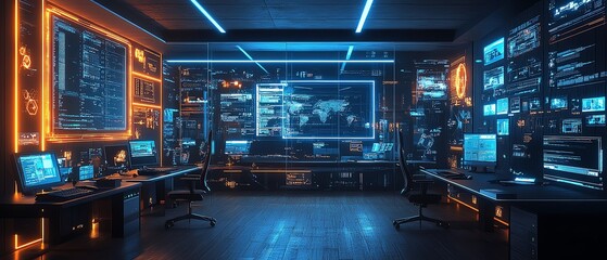 Poster - Futuristic information security lab with sophisticated technology, including intrusion detection systems, realtime threat monitoring, and secure workstations