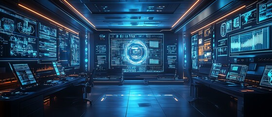 Poster - Futuristic information security lab with sophisticated technology, including intrusion detection systems, realtime threat monitoring, and secure workstations