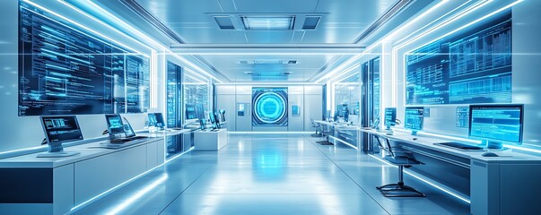 Poster - Futuristic information security lab with sophisticated technology, including intrusion detection systems, realtime threat monitoring, and secure workstations